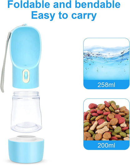 Portable Dog Water Bottle for Walking, Leak Proof Puppy Water Bottle with Food Container, Lightweight Pet Water Bottle for Hiking, Easy to Carry, BPA Free (Blue)