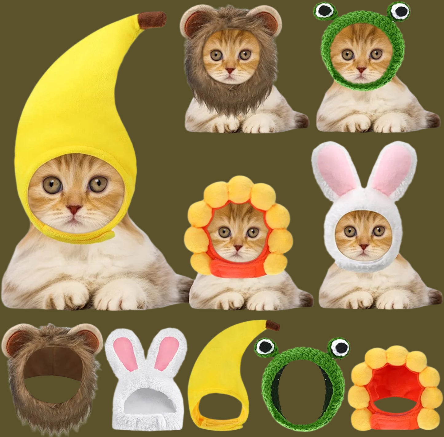 5 Pcs Cat Hat Adorable Costume Bunny Hat with Ears Funny Mane Hat for Cats and Small Dogs Kitten Puppy Party Costume Accessory Headwear (Lion, Frog, Rabbit, Sunflower, Banana)